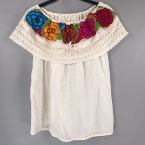 HANDMADE Mexican Embroidered On/Off Shoulder Crochet Ruffle Bohemian‎ Top S/M